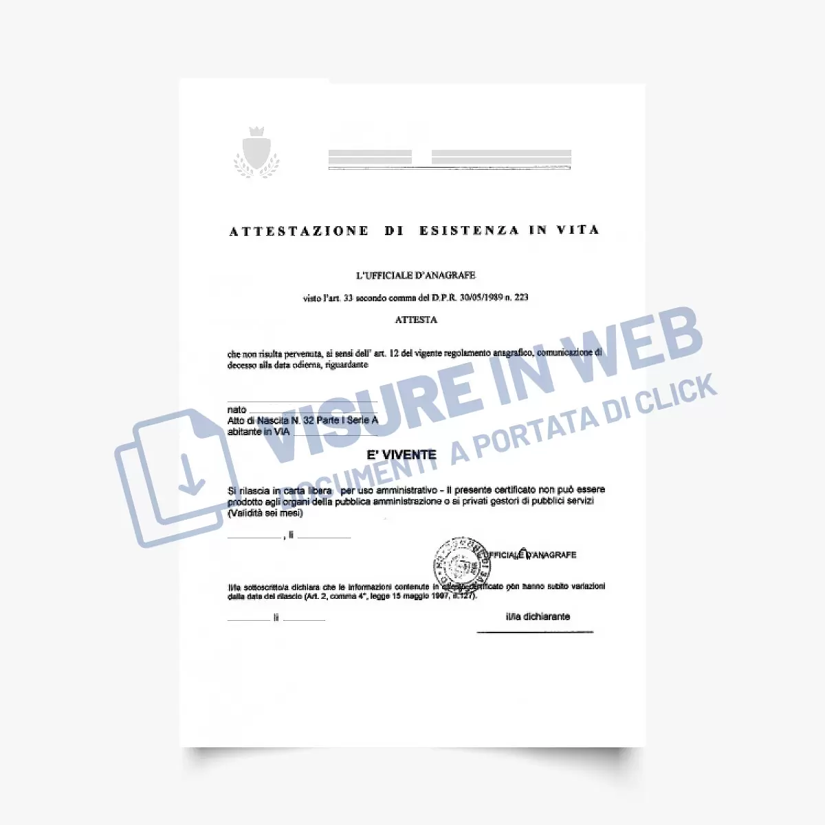 comune certificato esistenza in vita
