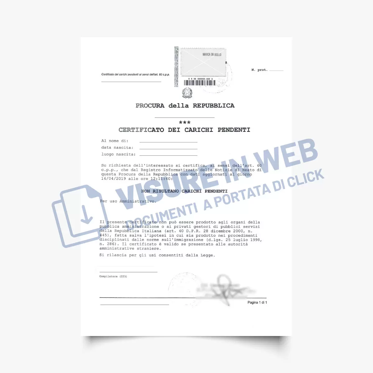 tribunale certificato certificato carichi pendenti